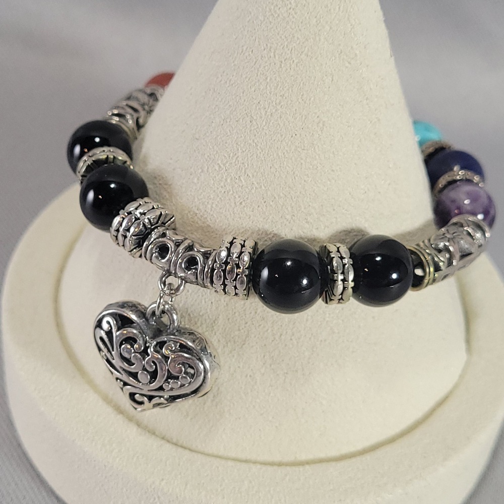 Chakra Healing Stone Stretch Bracelet Multicolor Gemstone Heart Charm Jewelry